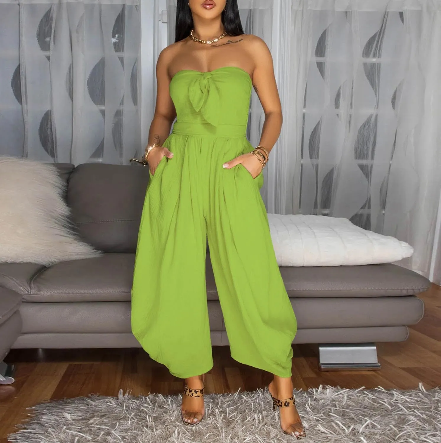 watersouprty Jumpsuits for Women Sexy Off Shoulder Strapless Bow Tie Harem Pants Romper