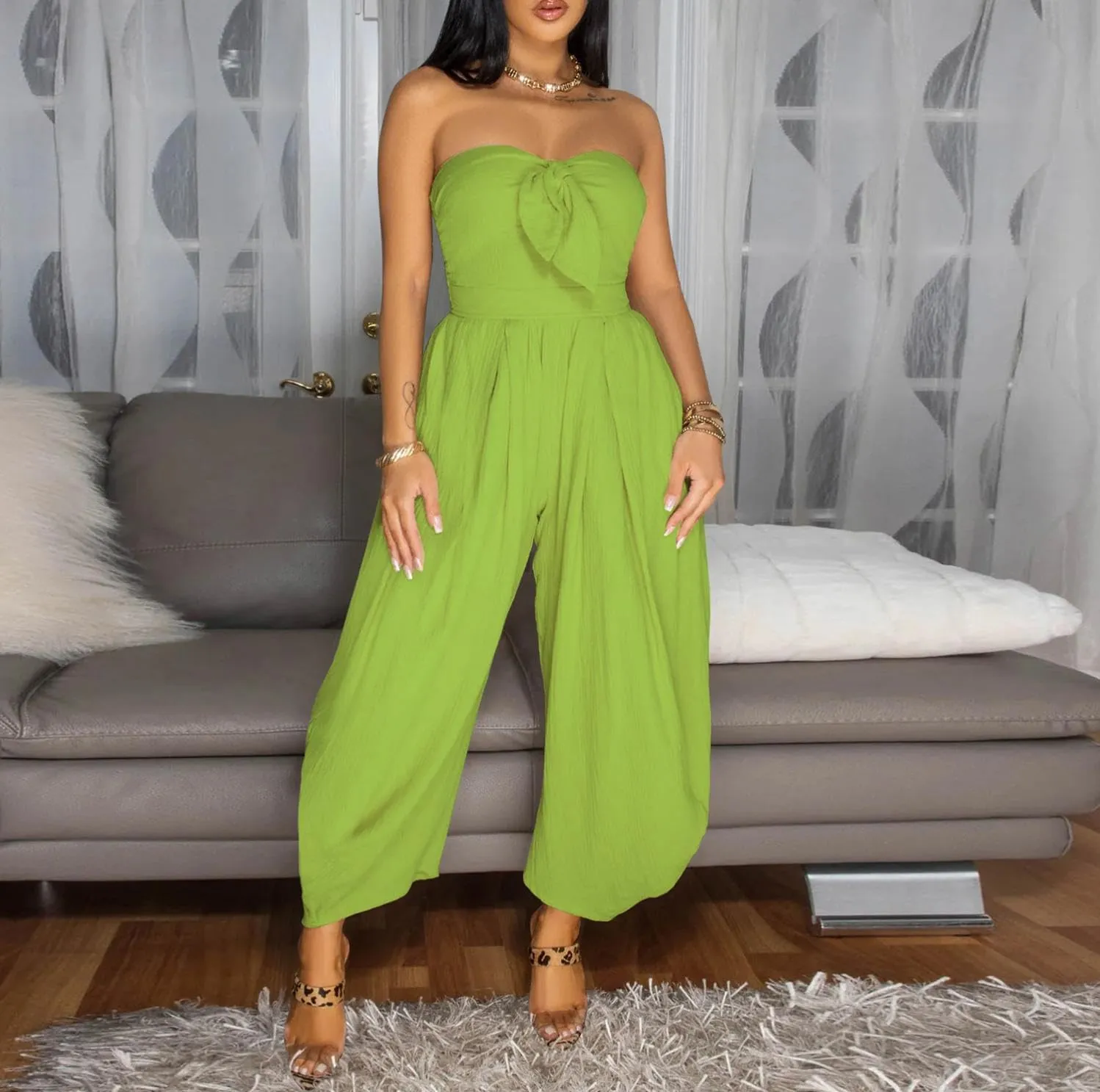 watersouprty Jumpsuits for Women Sexy Off Shoulder Strapless Bow Tie Harem Pants Romper