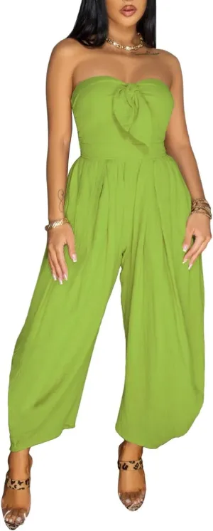 watersouprty Jumpsuits for Women Sexy Off Shoulder Strapless Bow Tie Harem Pants Romper