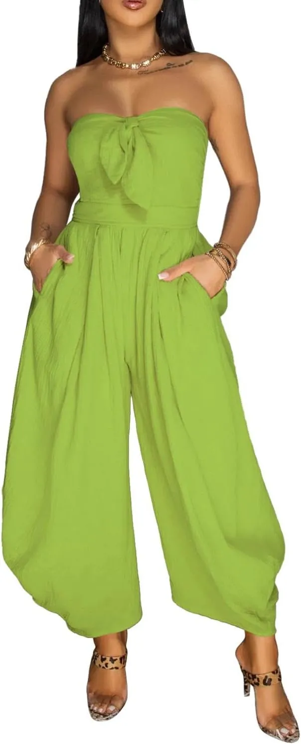 watersouprty Jumpsuits for Women Sexy Off Shoulder Strapless Bow Tie Harem Pants Romper