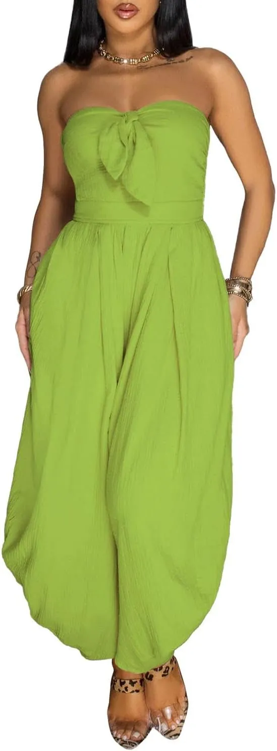 watersouprty Jumpsuits for Women Sexy Off Shoulder Strapless Bow Tie Harem Pants Romper