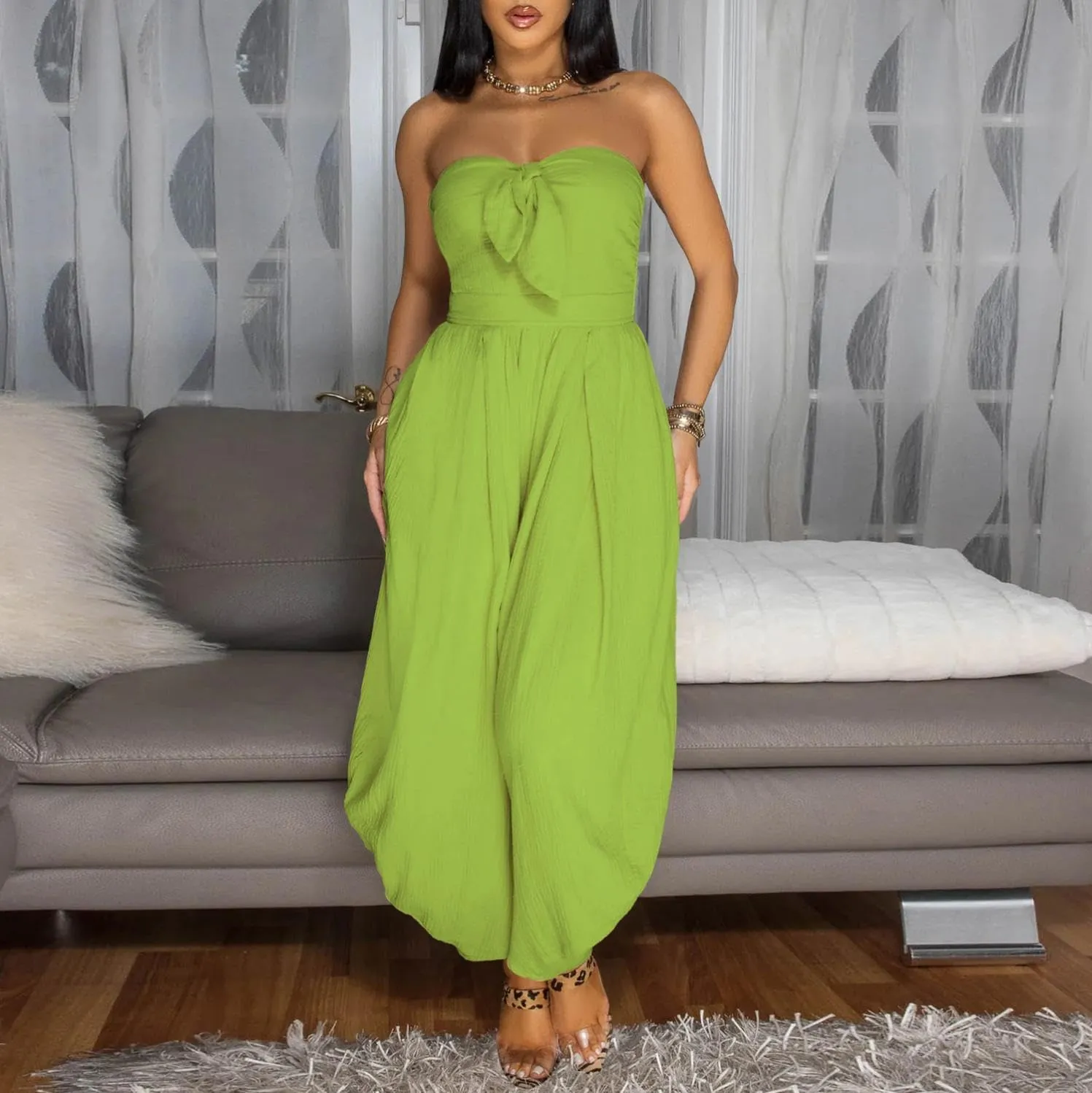 watersouprty Jumpsuits for Women Sexy Off Shoulder Strapless Bow Tie Harem Pants Romper