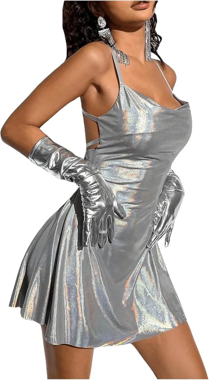 WDIRARA Women's Metallic Criss Cross Backless Cowl Neck Flare Sexy Party Mini Dress