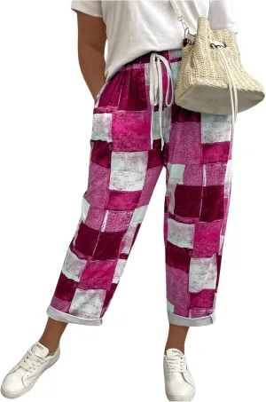WDIRARA Women's Plus Size Patchwork Print Drawstring Waist Wide Leg Pants with Pockets