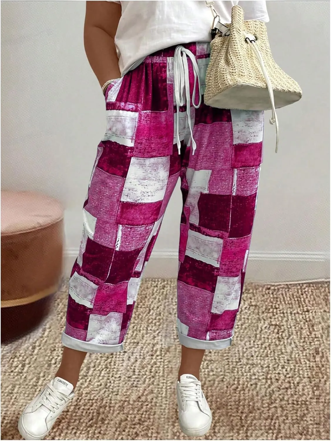 WDIRARA Women's Plus Size Patchwork Print Drawstring Waist Wide Leg Pants with Pockets