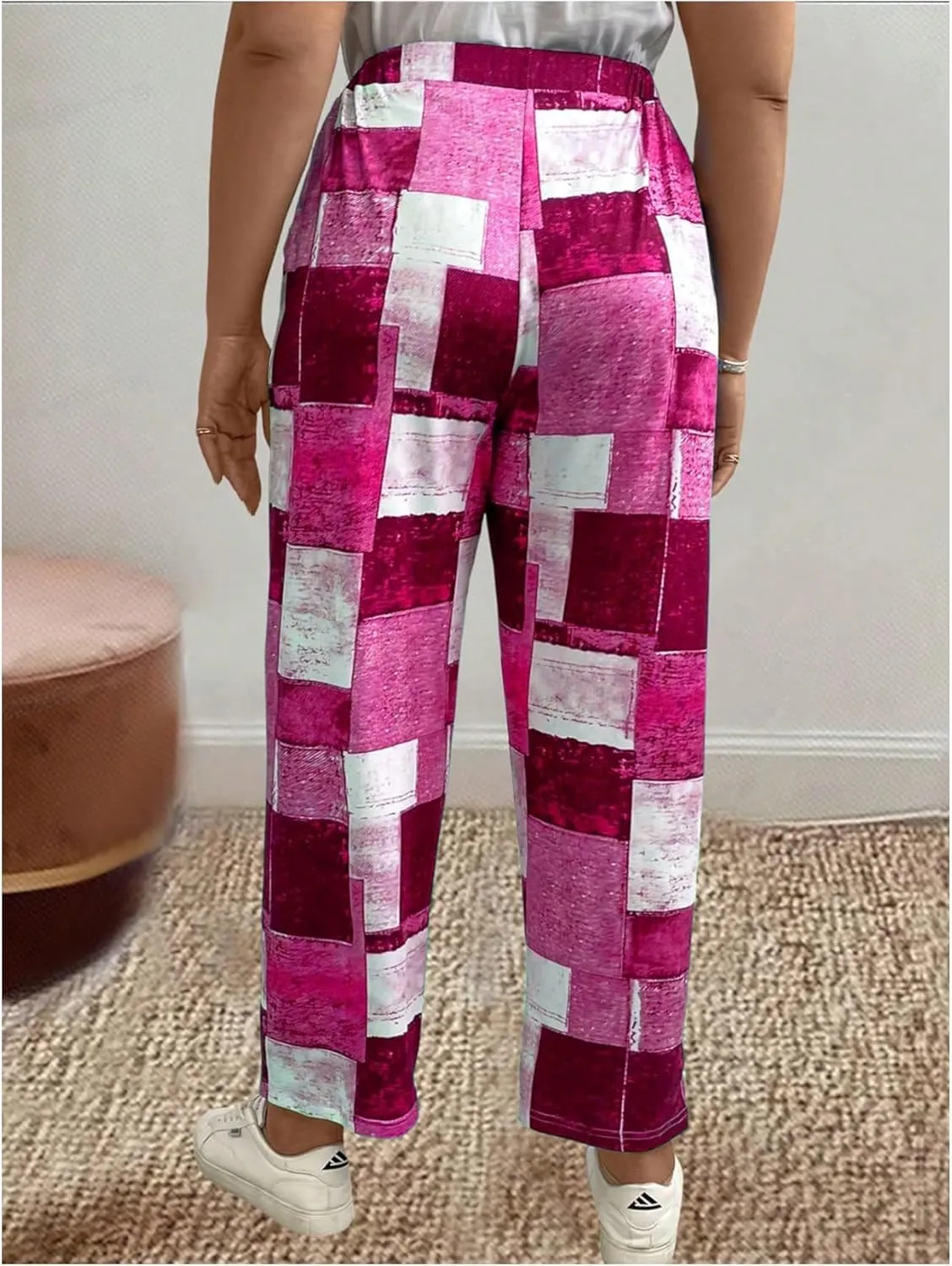 WDIRARA Women's Plus Size Patchwork Print Drawstring Waist Wide Leg Pants with Pockets