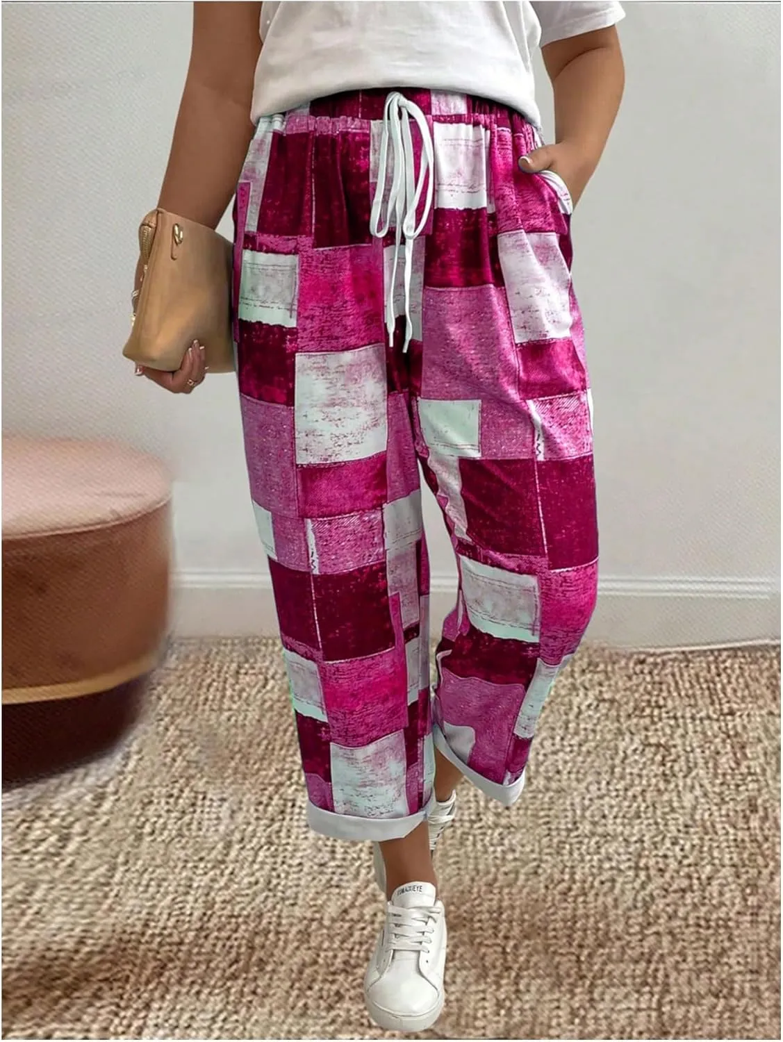 WDIRARA Women's Plus Size Patchwork Print Drawstring Waist Wide Leg Pants with Pockets