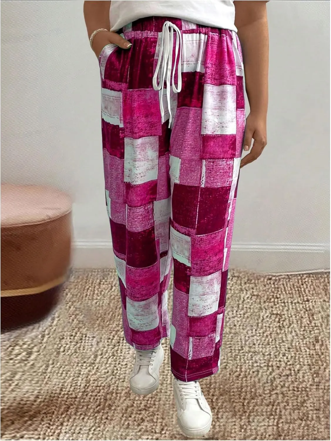 WDIRARA Women's Plus Size Patchwork Print Drawstring Waist Wide Leg Pants with Pockets