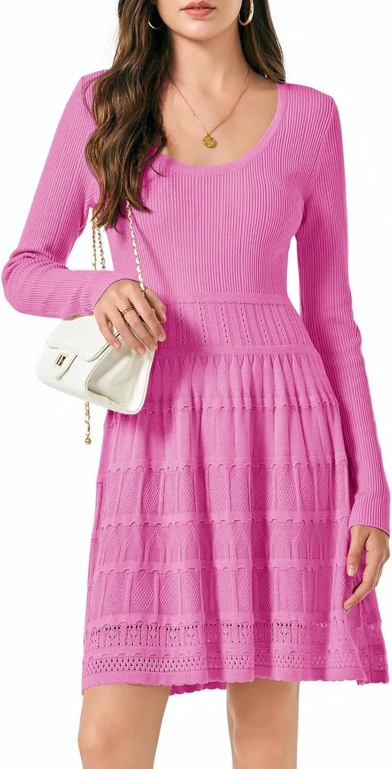 Wenrine Womens Long Sleeve Sweater Dress Knit Crochet Casual A Line Flowy Skater Mini Dresses