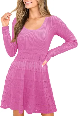Wenrine Womens Long Sleeve Sweater Dress Knit Crochet Casual A Line Flowy Skater Mini Dresses