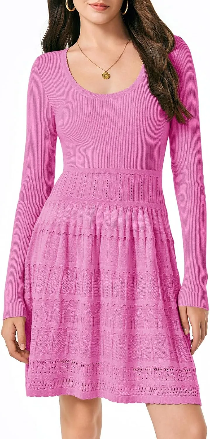 Wenrine Womens Long Sleeve Sweater Dress Knit Crochet Casual A Line Flowy Skater Mini Dresses