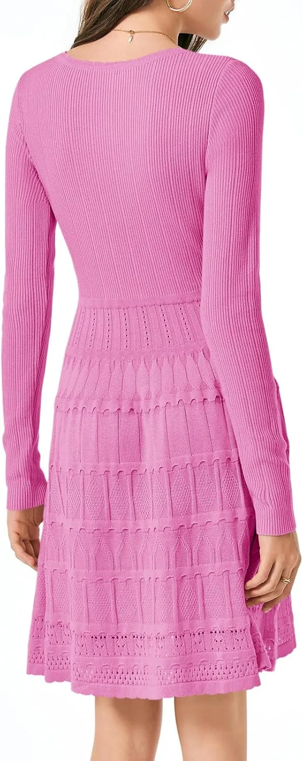 Wenrine Womens Long Sleeve Sweater Dress Knit Crochet Casual A Line Flowy Skater Mini Dresses