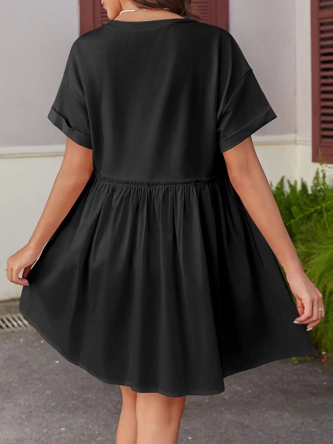 Wenrine Womens Short Sleeve T Shirt Dress Summer Babydoll Patchwork Swing Casual Mini Dresses