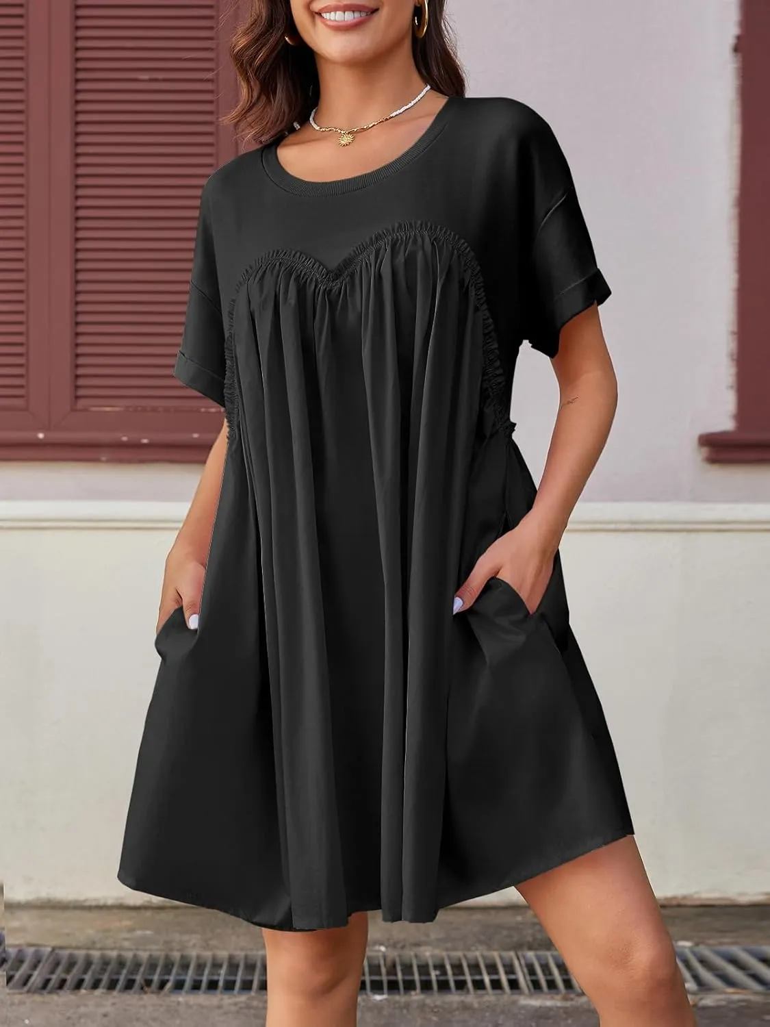 Wenrine Womens Short Sleeve T Shirt Dress Summer Babydoll Patchwork Swing Casual Mini Dresses