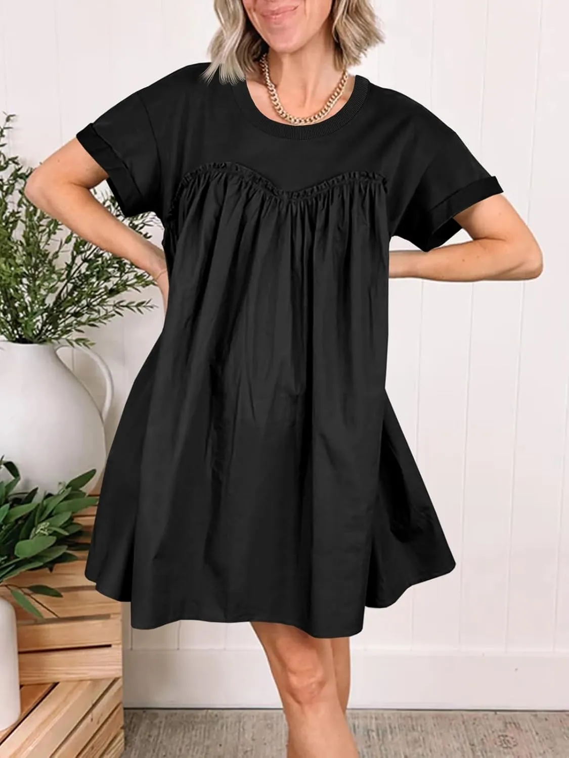 Wenrine Womens Short Sleeve T Shirt Dress Summer Babydoll Patchwork Swing Casual Mini Dresses