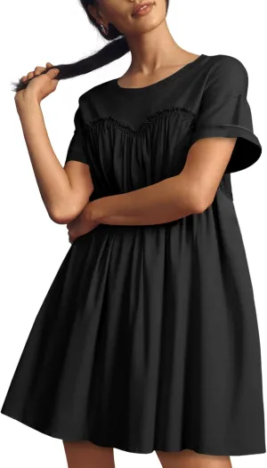 Wenrine Womens Short Sleeve T Shirt Dress Summer Babydoll Patchwork Swing Casual Mini Dresses