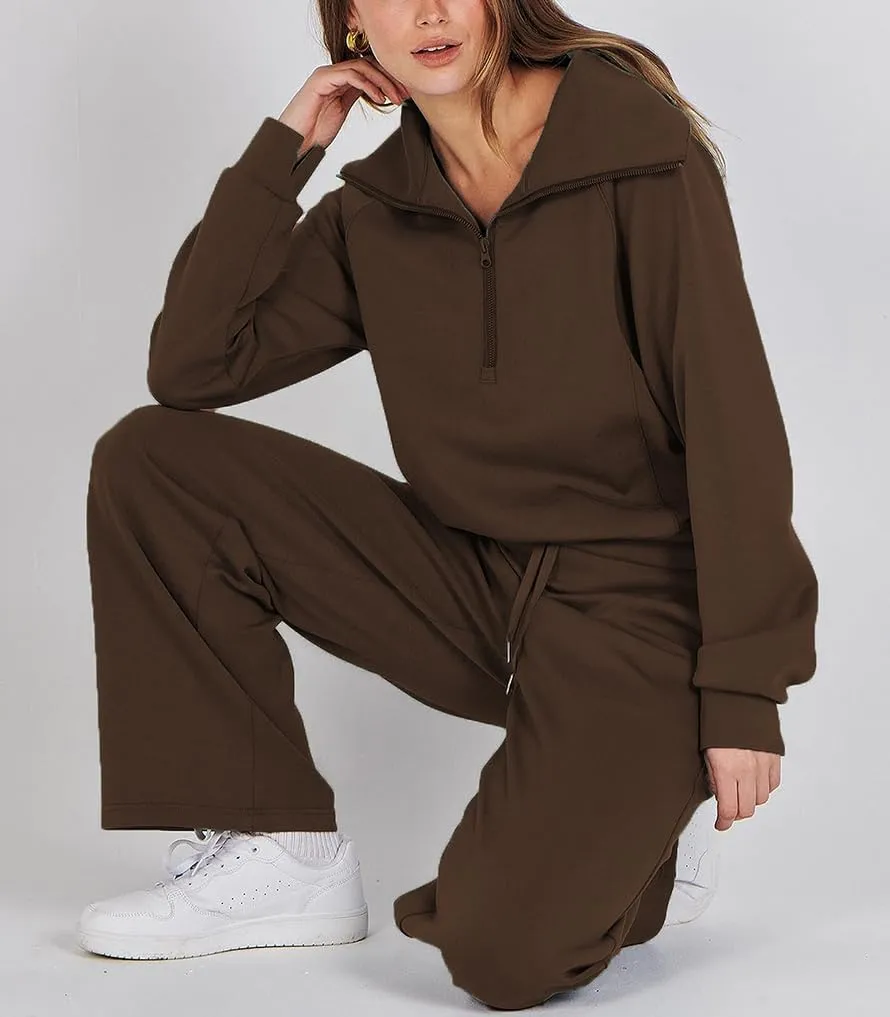 Women 2 Piece Outfits Sweatsuit Set Oversized Half Zip Sweatshirt Wide Leg Sweatpant Lounge Matching Set Tracksuit