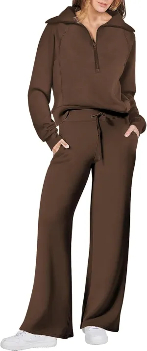 Women 2 Piece Outfits Sweatsuit Set Oversized Half Zip Sweatshirt Wide Leg Sweatpant Lounge Matching Set Tracksuit