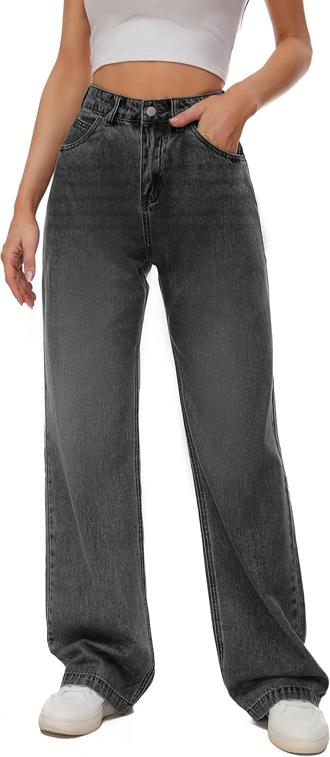 Women Casual High Waist Wide Leg Jeans Boyfriends Stretch Long Trousers Denim Pants