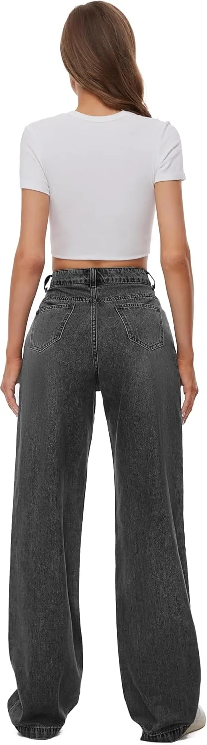 Women Casual High Waist Wide Leg Jeans Boyfriends Stretch Long Trousers Denim Pants