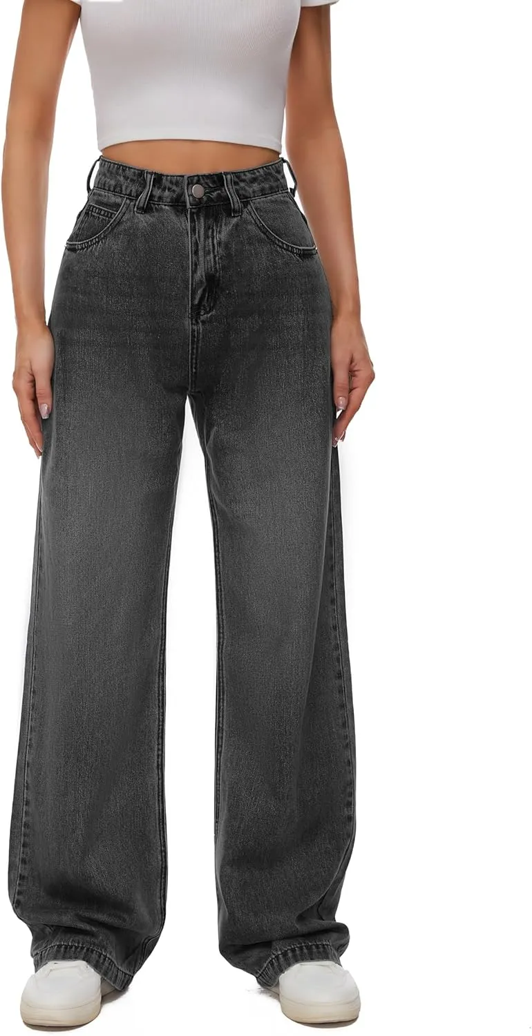 Women Casual High Waist Wide Leg Jeans Boyfriends Stretch Long Trousers Denim Pants