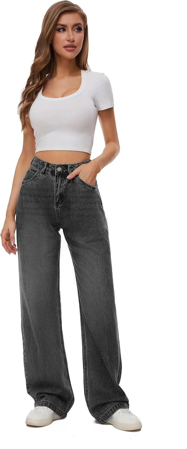 Women Casual High Waist Wide Leg Jeans Boyfriends Stretch Long Trousers Denim Pants