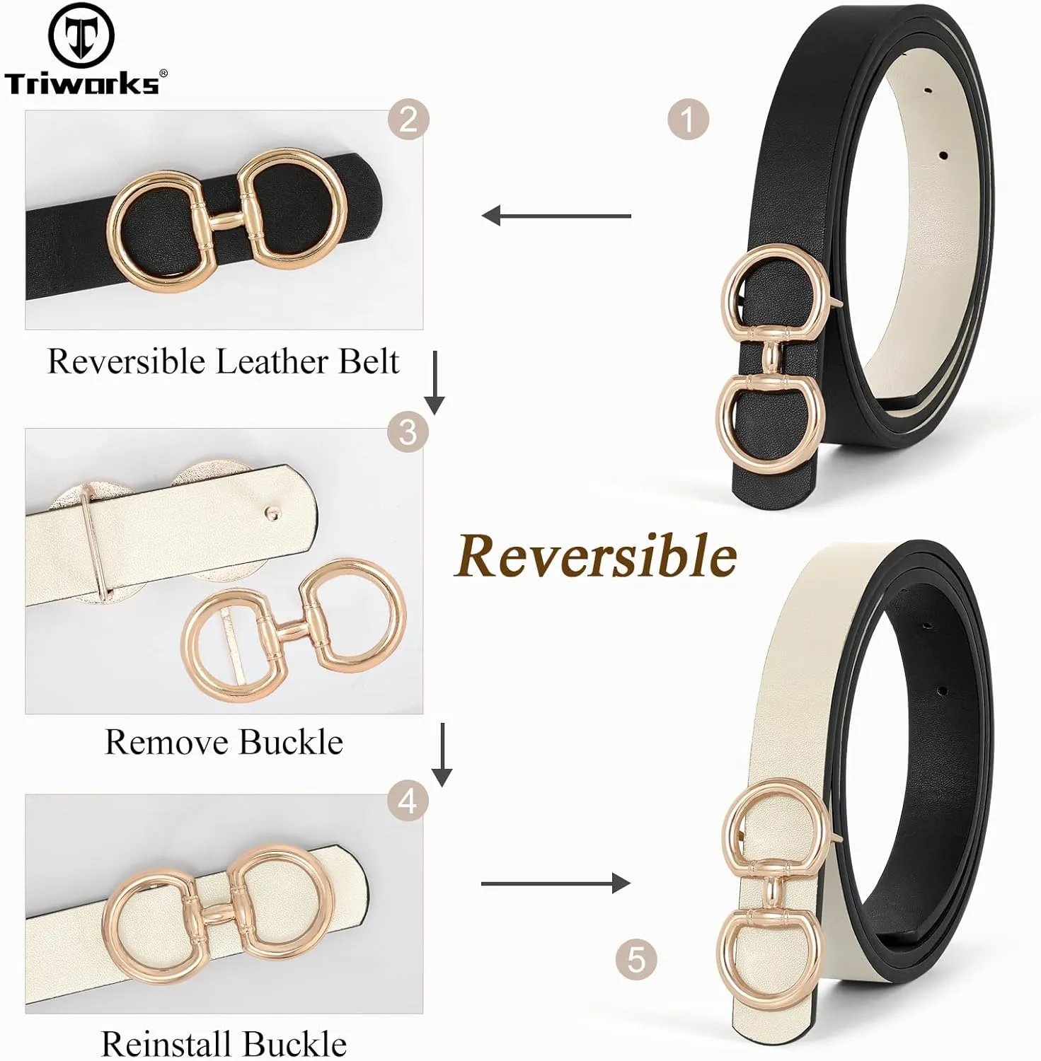 Women Reversible Leather Belt for Jeans Pants Fashion Ladies Belt with Gold Buckle