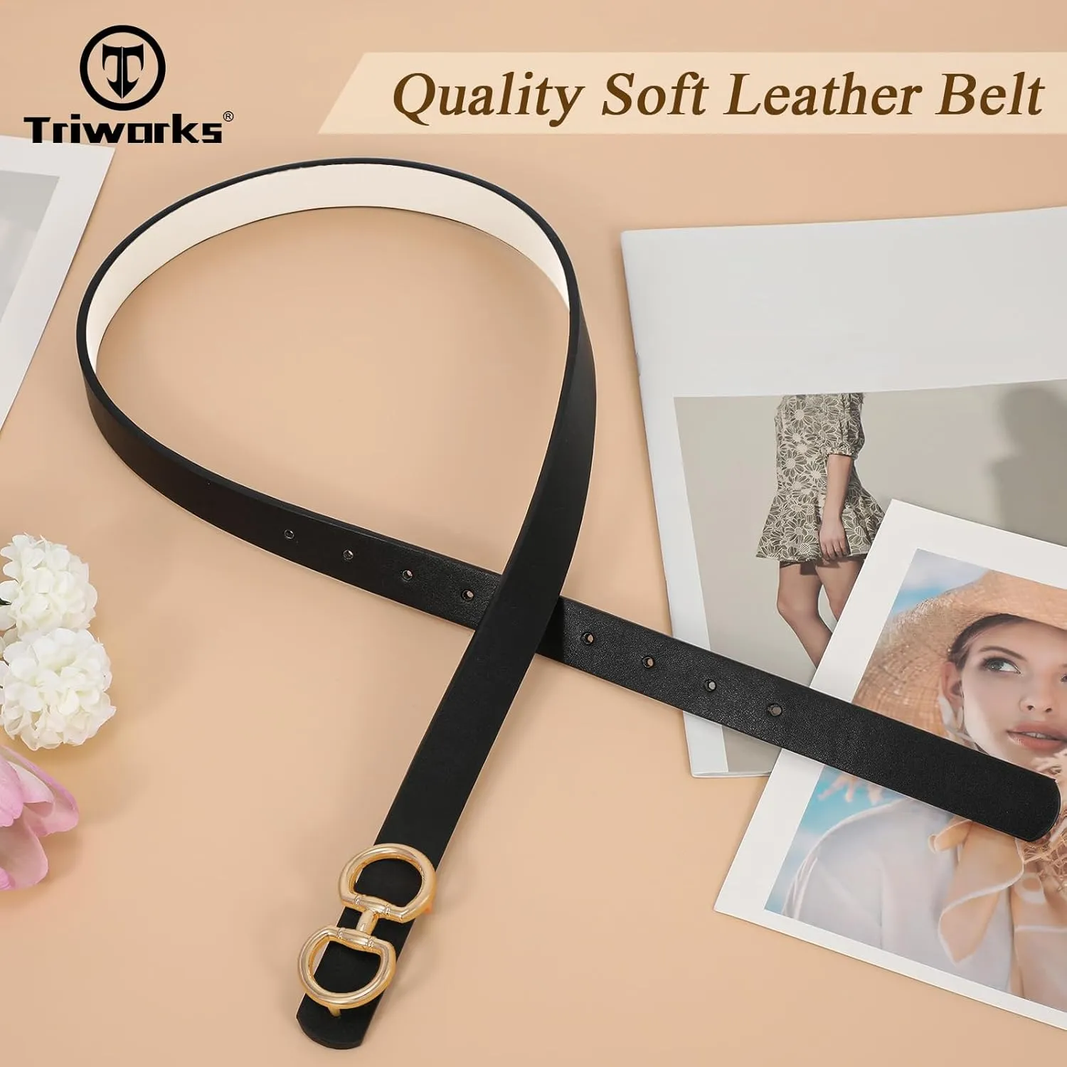 Women Reversible Leather Belt for Jeans Pants Fashion Ladies Belt with Gold Buckle