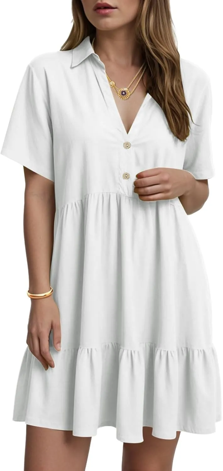 Women Summer Dresses Ruffle Sleeve Casual V Neck Swing Button Down Midi Dress with Pockets