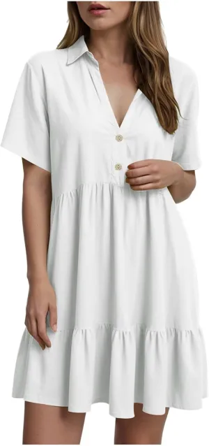 Women Summer Dresses Ruffle Sleeve Casual V Neck Swing Button Down Midi Dress with Pockets