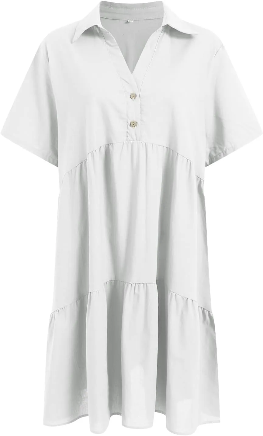 Women Summer Dresses Ruffle Sleeve Casual V Neck Swing Button Down Midi Dress with Pockets