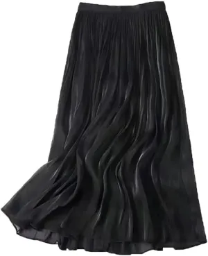 Women Summer High-Waist Slim Skirt Mid-Length A-Line Casual Versatile Pleated Gauze Skirt