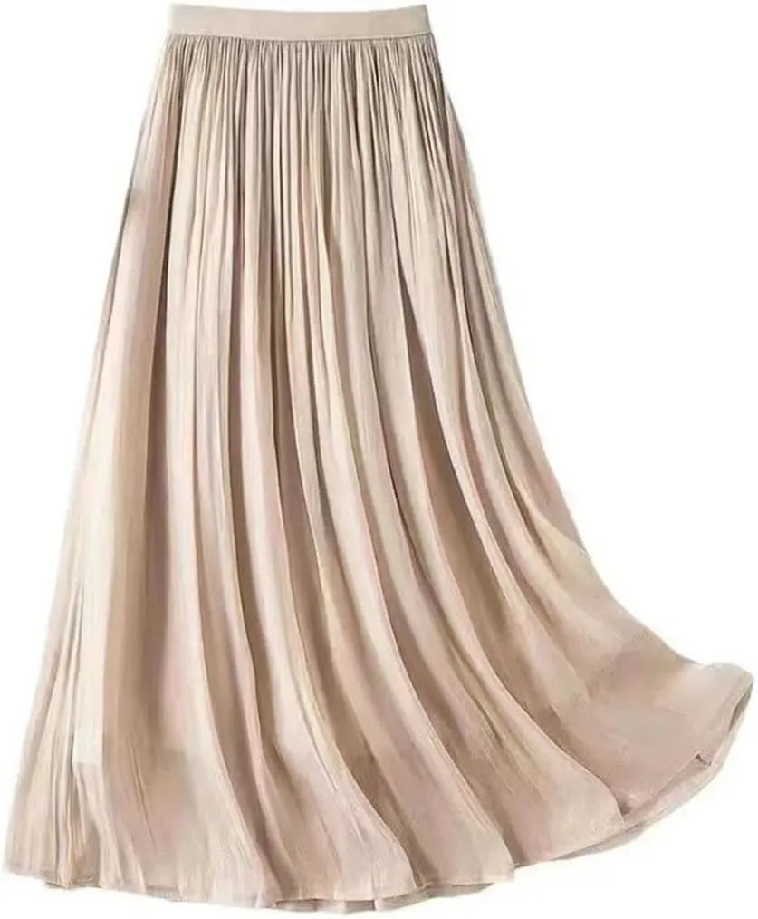 Women Summer High-Waist Slim Skirt Mid-Length A-Line Casual Versatile Pleated Gauze Skirt