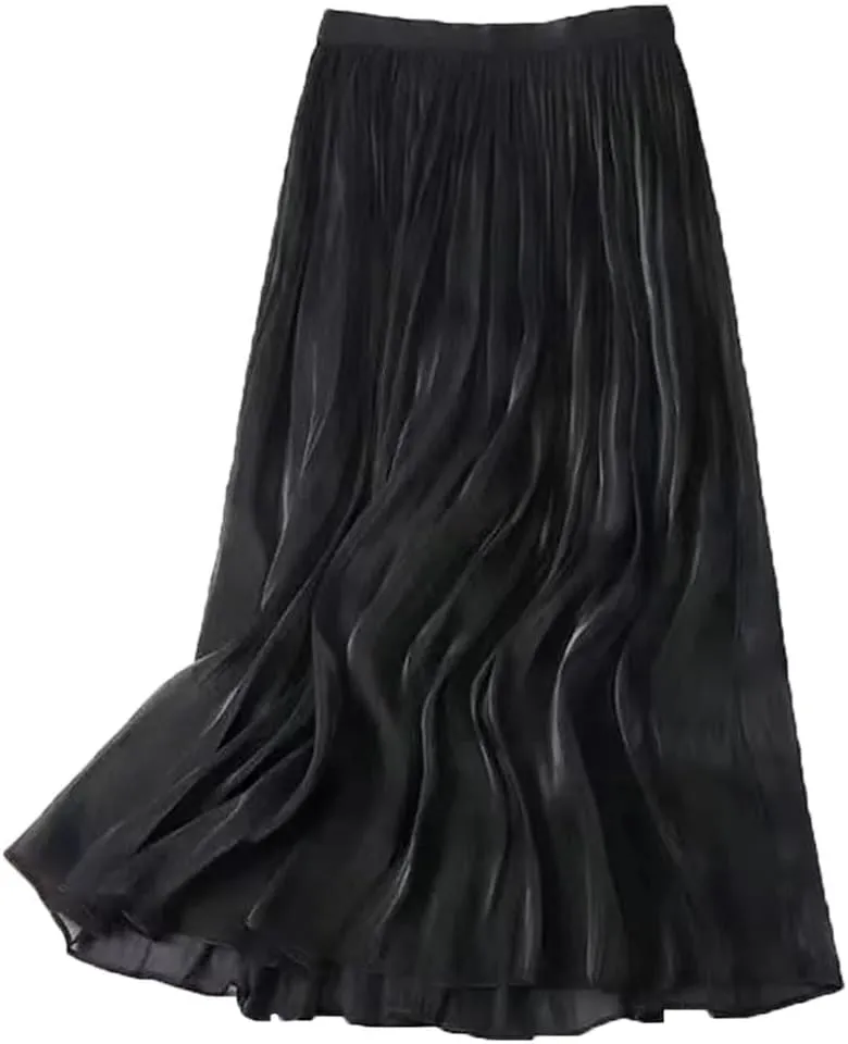 Women Summer High-Waist Slim Skirt Mid-Length A-Line Casual Versatile Pleated Gauze Skirt