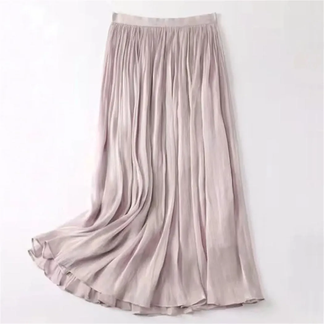 Women Summer High-Waist Slim Skirt Mid-Length A-Line Casual Versatile Pleated Gauze Skirt