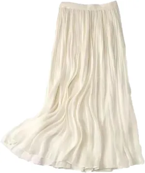 Women Summer High-Waist Slim Skirt Mid-Length A-Line Casual Versatile Pleated Gauze Skirt