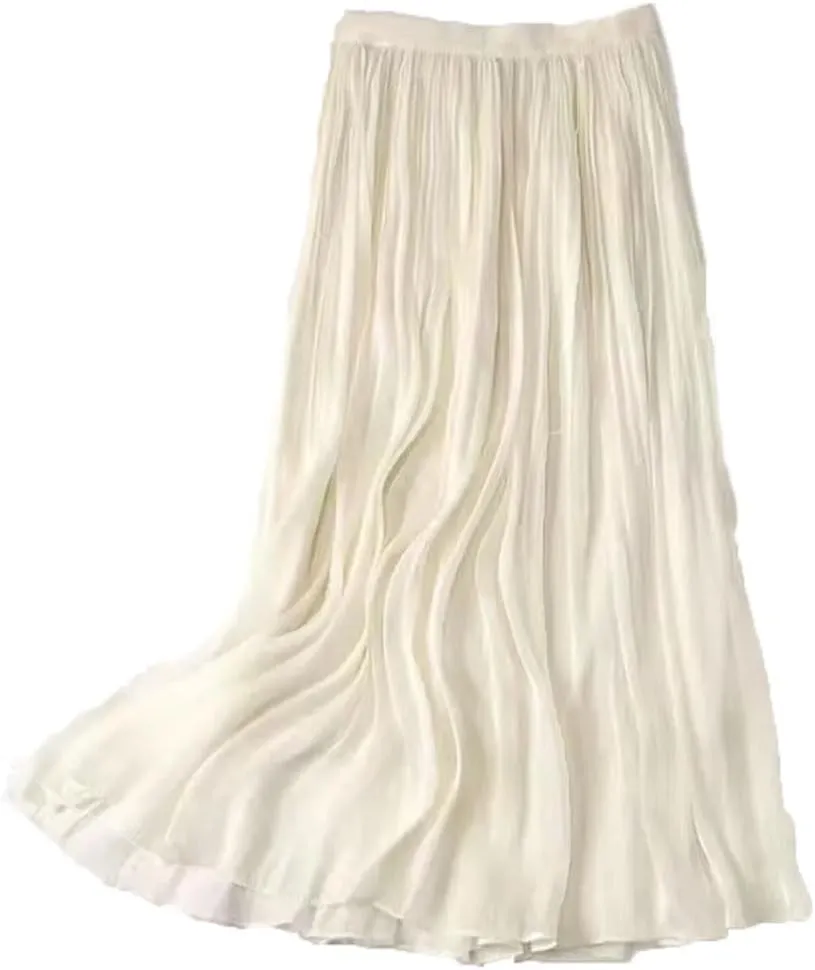 Women Summer High-Waist Slim Skirt Mid-Length A-Line Casual Versatile Pleated Gauze Skirt