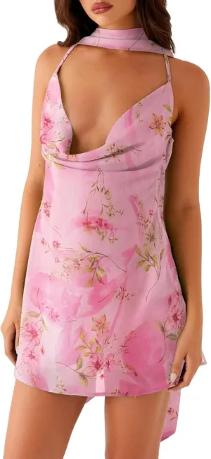 Women Y2k Halter Mini Dress Backless Cowl Neck Scarf Dress Sleeveless Open Back Bodycon Party Short Dresses