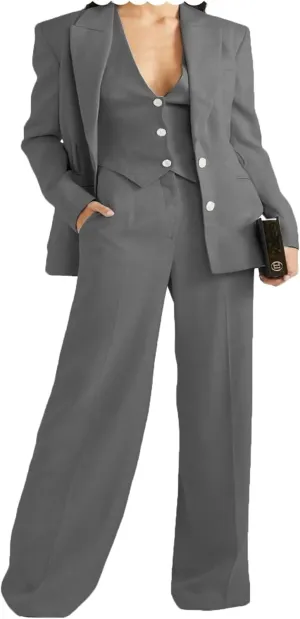 Women's 3 Piece Outfits Jacket Vest Wide Leg Pants Business Office Suit Set