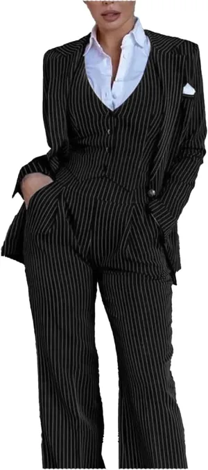 Women's 3 Piece Stripes Suit Set Slim Fit Blazer Jacket Vest Pant Business Outfits