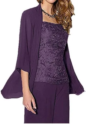 Women's 3 Pieces Chiffon Mother of The Bride Dress Pants Suits Wedding Outfit Lace Evening Dress