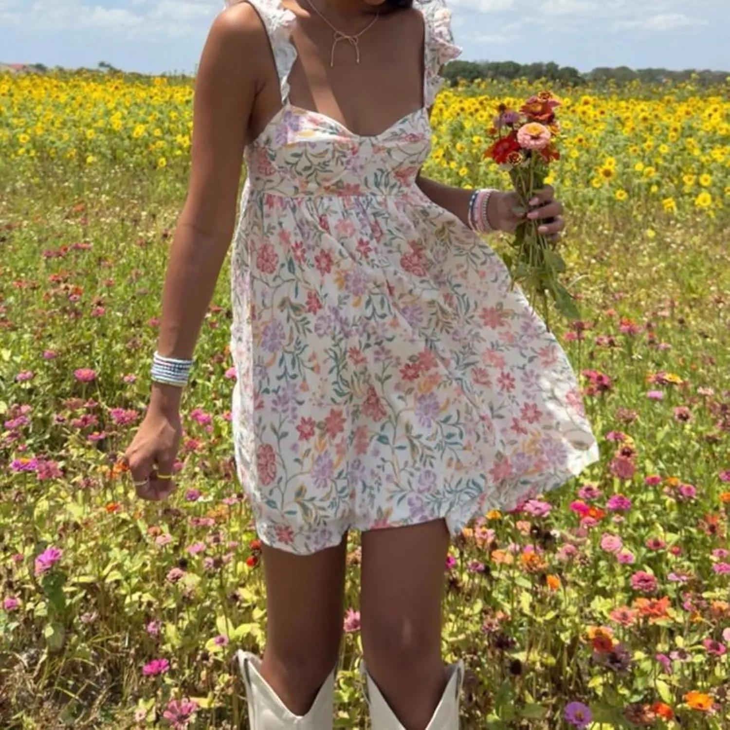 Womens Boho Floral Print Mini Dress Ruffle Sleeve Sweetheart Neck Backless A-line Swing Sundress Summer Slip Dress