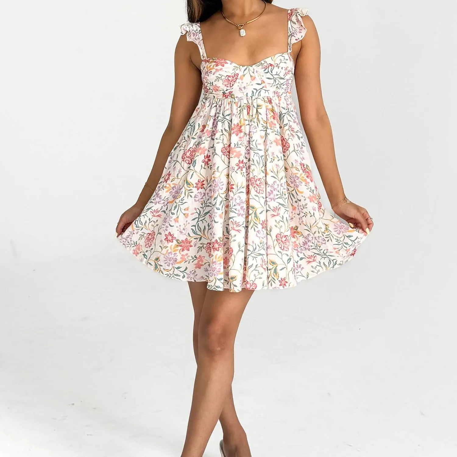 Womens Boho Floral Print Mini Dress Ruffle Sleeve Sweetheart Neck Backless A-line Swing Sundress Summer Slip Dress