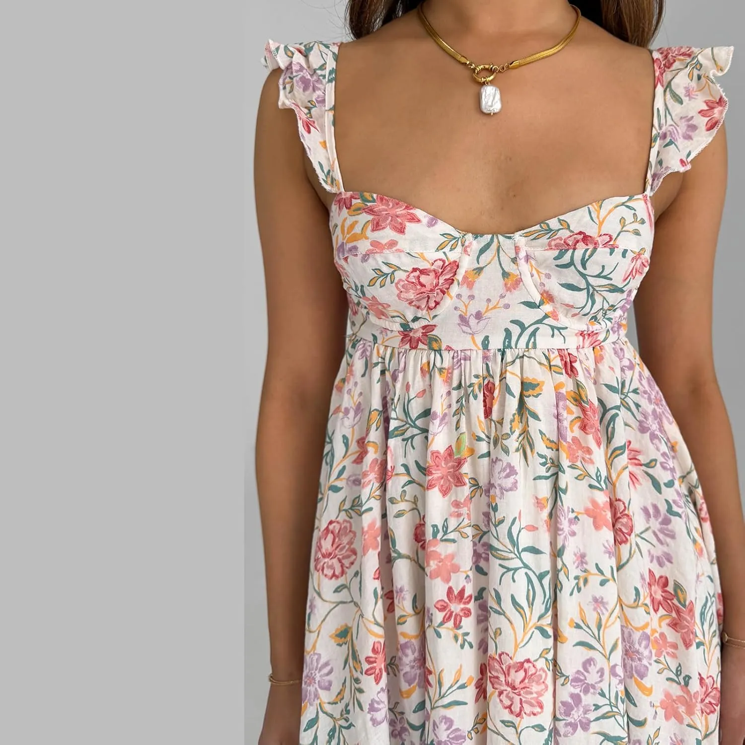 Womens Boho Floral Print Mini Dress Ruffle Sleeve Sweetheart Neck Backless A-line Swing Sundress Summer Slip Dress
