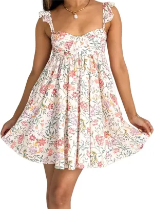 Womens Boho Floral Print Mini Dress Ruffle Sleeve Sweetheart Neck Backless A-line Swing Sundress Summer Slip Dress
