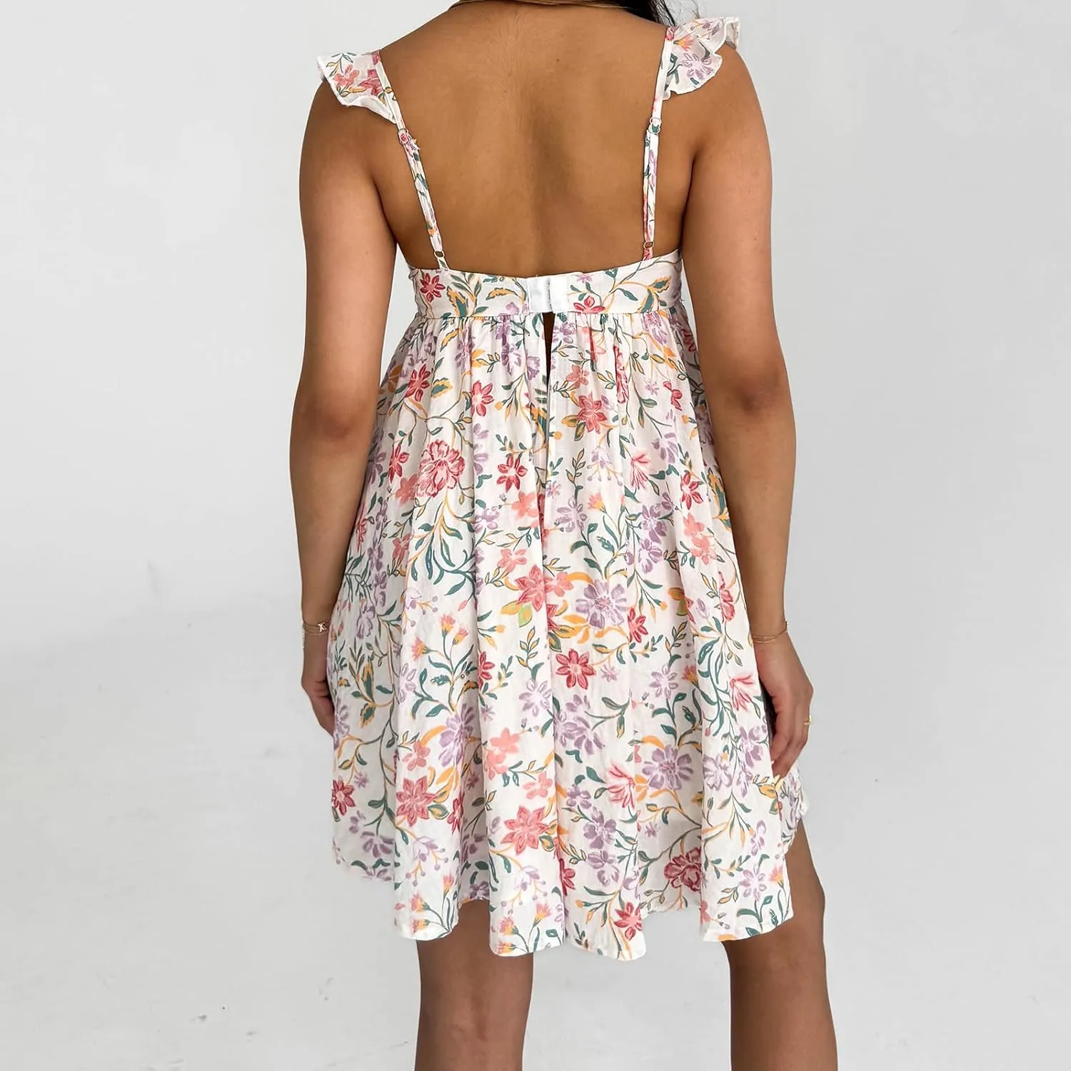 Womens Boho Floral Print Mini Dress Ruffle Sleeve Sweetheart Neck Backless A-line Swing Sundress Summer Slip Dress