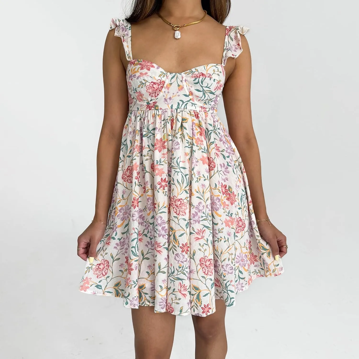 Womens Boho Floral Print Mini Dress Ruffle Sleeve Sweetheart Neck Backless A-line Swing Sundress Summer Slip Dress