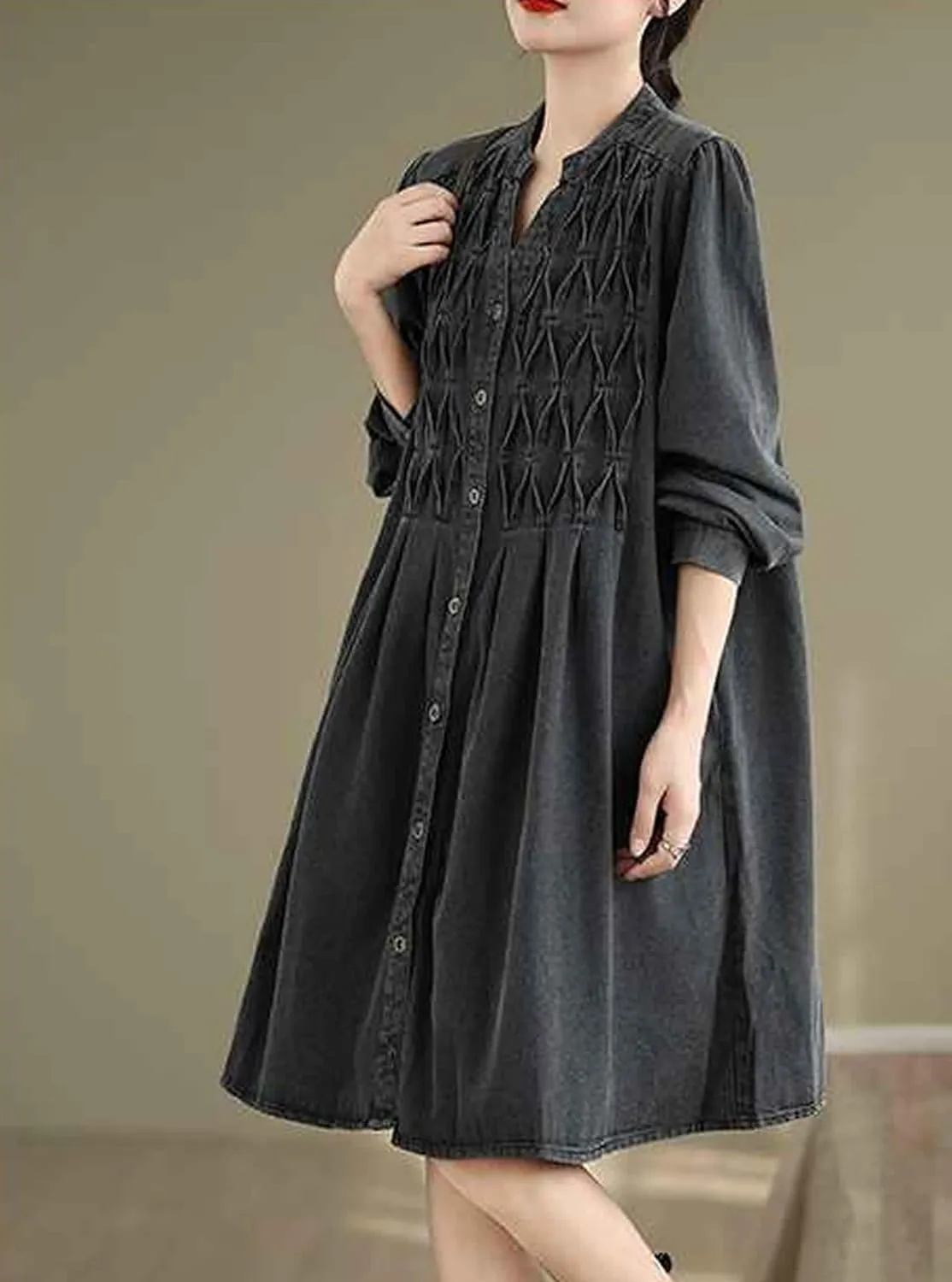 Women's Casual Denim Shirt Dress Single Breasted V Neck Mid-Length Jean Trench Coat with Pockets
