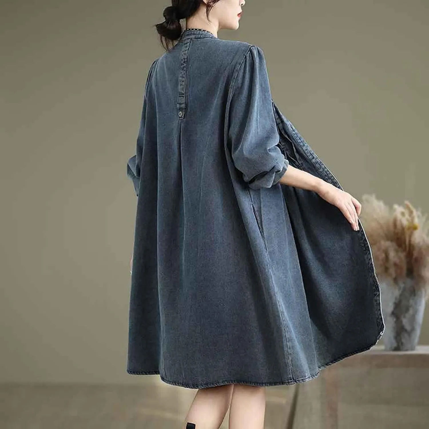 Women's Casual Denim Shirt Dress Single Breasted V Neck Mid-Length Jean Trench Coat with Pockets