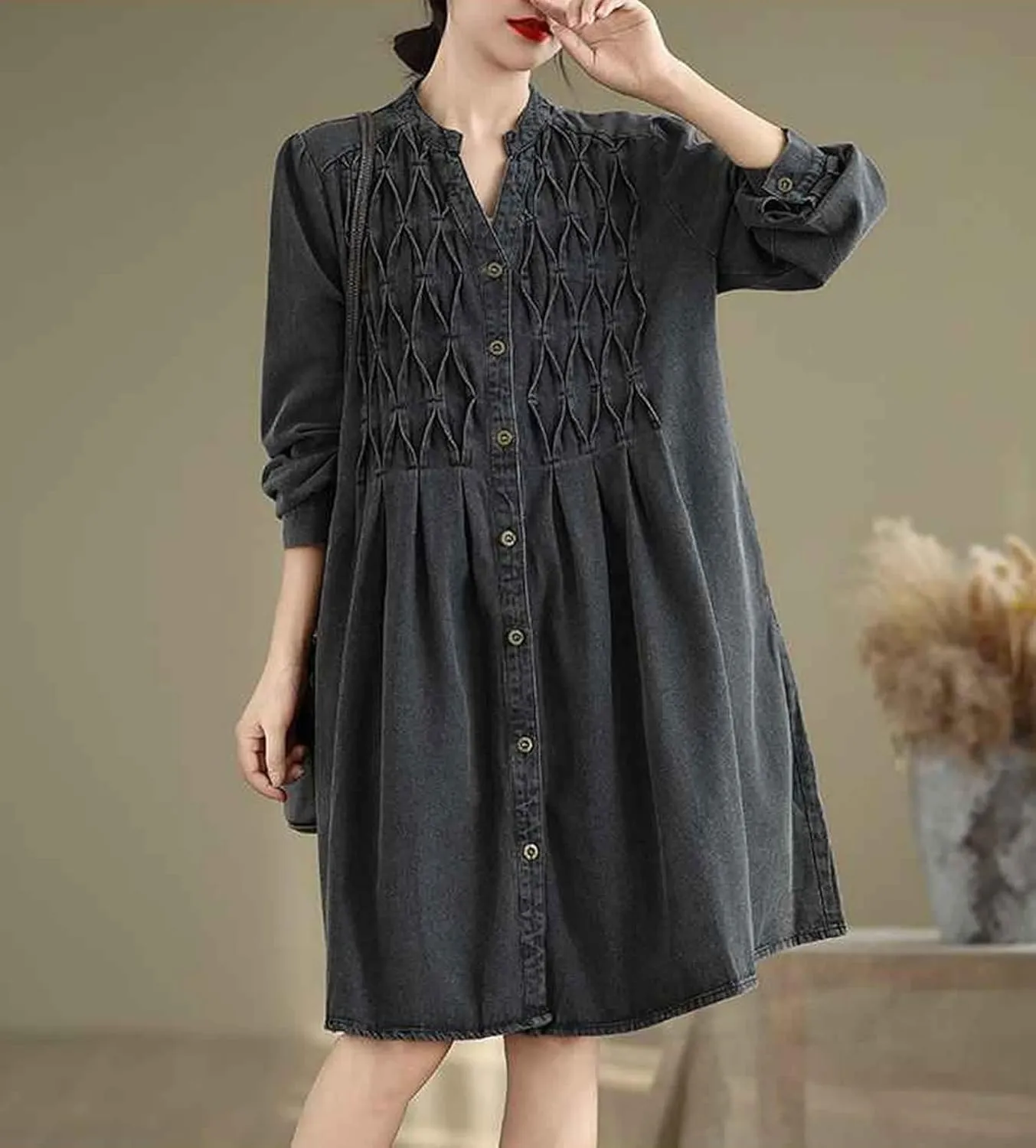 Women's Casual Denim Shirt Dress Single Breasted V Neck Mid-Length Jean Trench Coat with Pockets